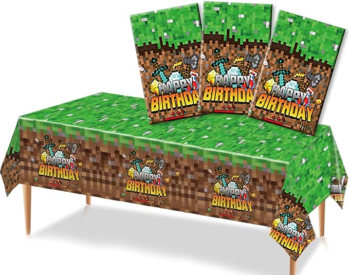 Sandbox Game Theme Tablecloth, 3 Pcs Plastic Disposable Pixel Video Game Tablecovers Supplies Rectangle Sandbox Miner Decorations for Birthday Party, Theme Party (Green)