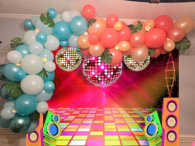 Dance Party Backdrop Retro 80s 90s Theme Stage Dance Ball Music Birthday Party Decoration DJ Photography Background 7X5 ft for Baby Shower Picture Photo Shoot Polyester Fabric, Red