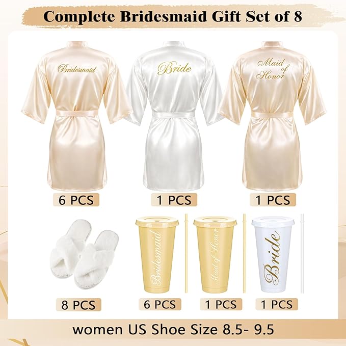 Bonuci 24 Pcs Bridesmaid Bride Robes Set of 8 Bridal Satin Robes Fluffy Slippers Drinking Cups for Wedding Bachelorette Party