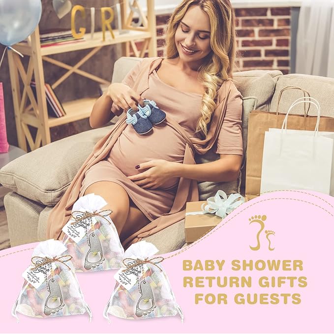 50 PCS Baby Footprint Keychains Bottle Opener, Baby Shower Party Favors Bottle Opener,Baby Shower Favors for Guests with Organza Bag (Silver)