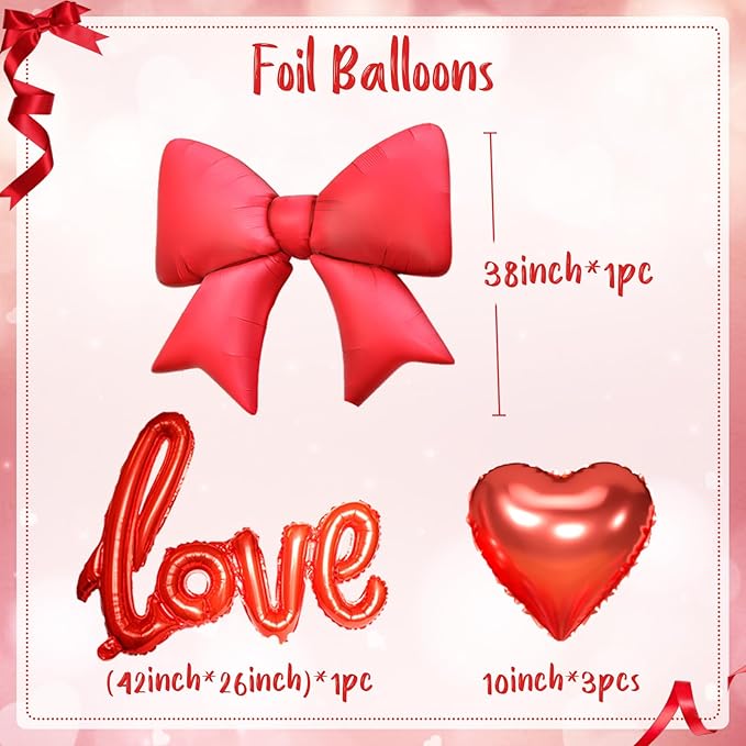 Red Balloons Arch Kit, Metallic Red Pearl Balloon Valentine Garland Arch, Heart Confetti Balloons Bow Heart Love Foil Balloon For Valentine's Day Birthday Baby Shower Party Wedding Engagement Decor