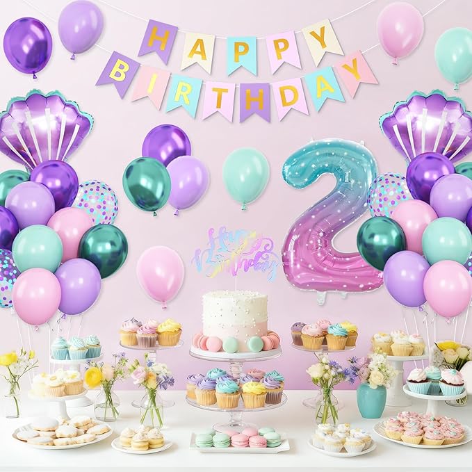 2nd Mermaid Birthday Decorations for Girls,2nd Party Decorations Metallic Purple Green Pink Blue Latex Balloons Number 2 Seashell Foil Balloons Banner Cake Topper Sea Party Decor