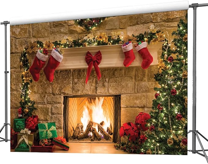 CYLYH 15x10ft Christmas Fireplace Theme Backdrop Christmas Backdrops for Photography Tree Sock Decorations for Xmas Party Supplies Photo Background