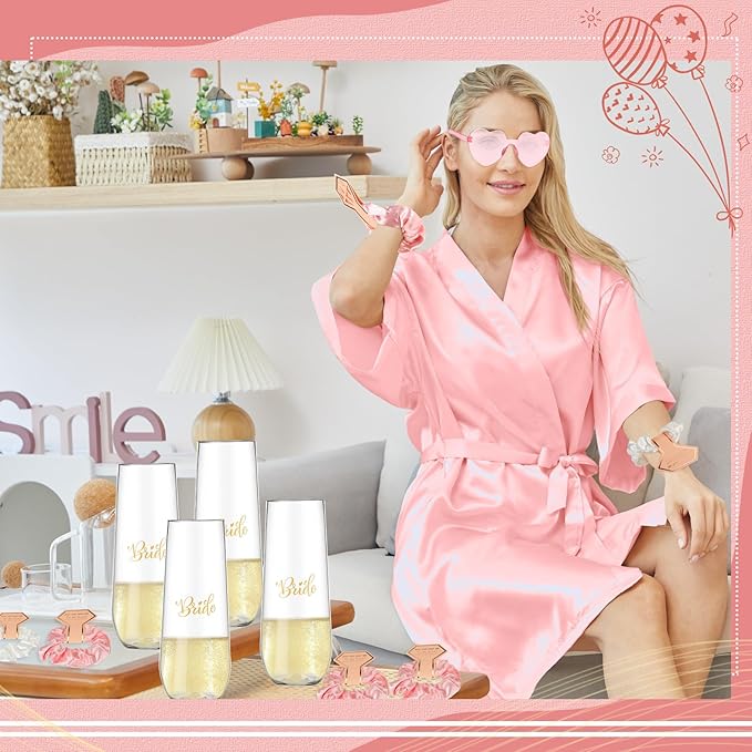 Panitay 42 Pcs Bridal Robes Sets Bride Robes Bridesmaids Proposal Gift Heart Sunglasses Champagne Flutes for Wedding Party