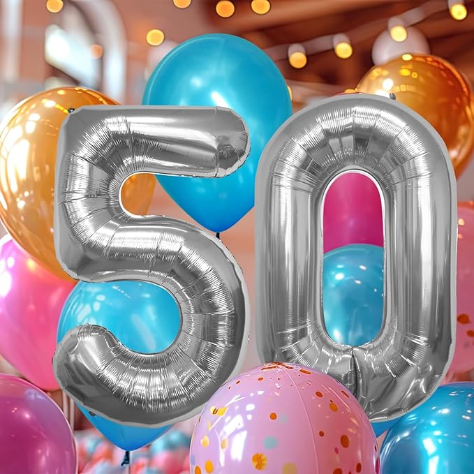 40 Inch Large Number Celebration and Decoration Balloon for Birthday Parties, Graduations, Anniversaries, Weddings, Photo Shoots, Special Events - Helium Foil Mylar (Silver Number 50)
