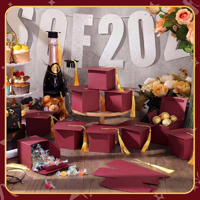 TaoBary 12 Pieces Graduation Candy Box Graduation Decorations Party Gift Boxes Graduate Cap Box Candy Chocolate Cookie Supplies for Ceremony Party(Maroon)