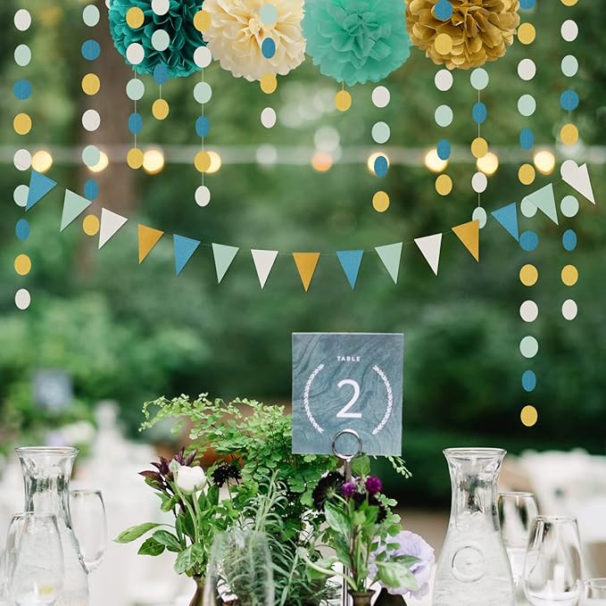 Teal-Blue Mint Ivory-Gold Party-Decorations Banner,2 Pack Glitter Paper Triangle Pennant Flags Streamers,Birthday Wedding Engagement Bridal Baby Shower Bachelorette Decor Bunting Lasting Surprise
