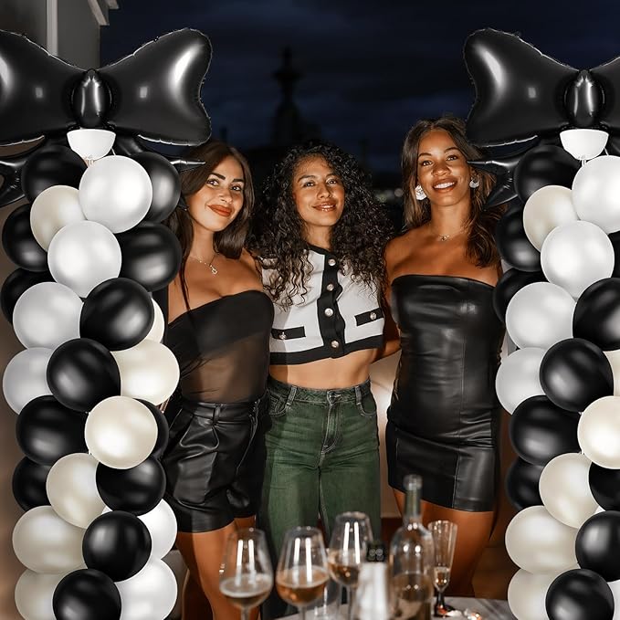 Kasyat 2 Sets Black Bow Balloon Column Stand Kit with 2 Black Bow Foil Balloons 100 Latex Balloons, Adjustable Stands Black and White Balloon Garland Arch for Bridal Princess Birthday Coquette Party