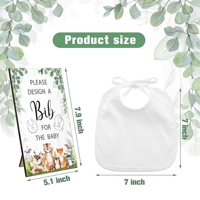 Panitay 43 Pcs Baby Shower Games White Bibs Design, Include Wooden Baby Shower Game Sign, 30 DIY Blank White Bibs, 12 Markers for Gender Reveal Party Decorating Supplies(Woodland Animal)