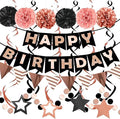 Birthday Decorations, Happy Birthday Banner with Honeycomb Balls, Stars Hanging Swirl Streamers, Buntings Circle Dots Garland, Party Decorations for Women Men Boys Girls (Rose Gold & Black)