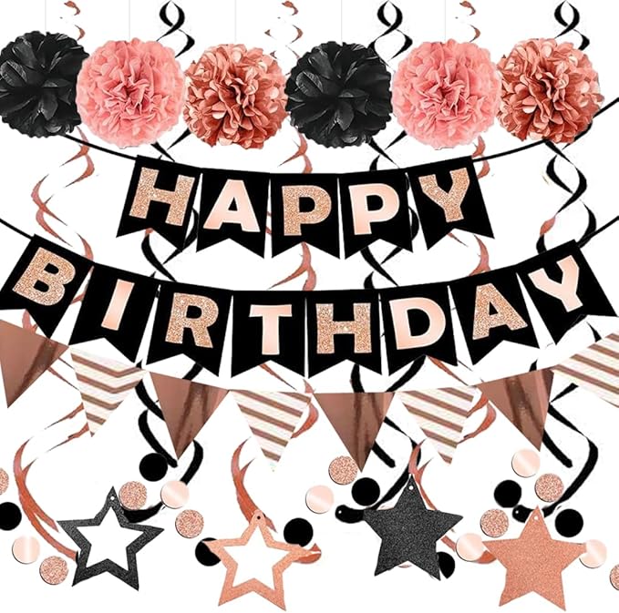 Birthday Decorations, Happy Birthday Banner with Honeycomb Balls, Stars Hanging Swirl Streamers, Buntings Circle Dots Garland, Party Decorations for Women Men Boys Girls (Rose Gold & Black)