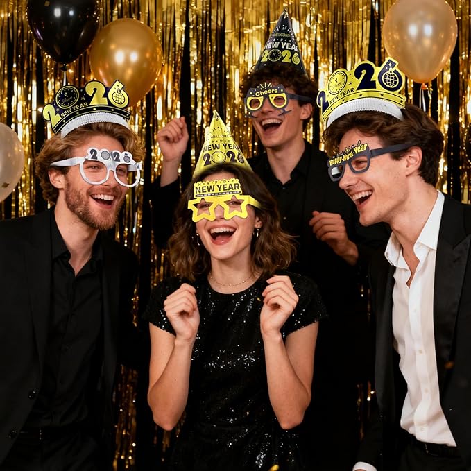 New Years Eve Party Supplies 2026 for 90 Guests, Happy New Years Decorations Party Favors Includes Top Hats, Tiaras, Glasses Accessories for Adults Kids Nye Decorations 2026
