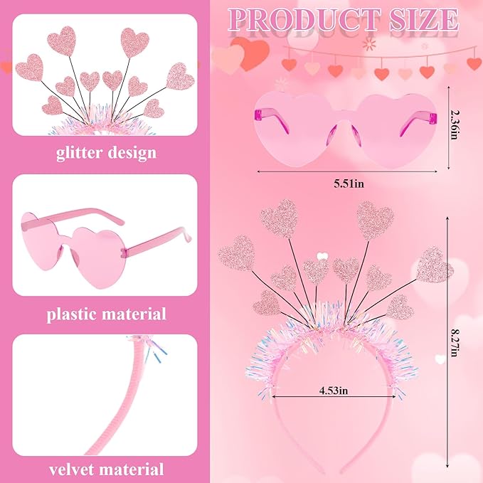 Semato Pink valentines Day Headband with Pink Heart Sunglasses for Valentines Day Accessories Galentines Party Favors Halloween Costume