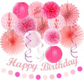 Light Hot Pink Birthday Party-Decorations - 21pcs Girl Happy Banner,Paper Lanterns Honeycomb,Tissue Pom Poms Flower Fan,Hanging Streamers Garland,18th 21st 30th Women Birthday Decor Supplies Huglony