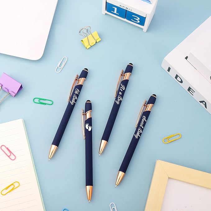 Jspupifip 50 Pcs Baby Shower Pens with Stylus Tip Metal Retractable Ballpoint Pens It's a Boy or Girl Black Ink Pens Bulk for Baby Shower Games Favors Decor Office School Writing Supply(Dark Blue)