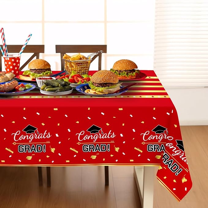 Childom 3 Pack Graduation Tablecloth,Graduation Decorations Class of 2026 Graduation Party Decorations,54"x108" Red and Gold Plastic Table Cloth Disposable Rectangle for Home,School,Party Supplies