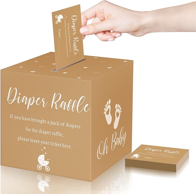 Funrous 51 Diaper Raffle Tickets with Box for Baby Shower Game Invitations Diaper Raffle Card for Gender Reveal Baby Shower Party Decoration Table Centerpiece(Brown Color)