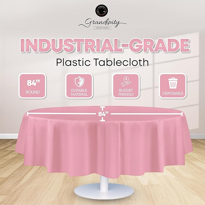 Grandipity 12 Pack Premium Disposable Plastic Tablecloth 84" Inch Decorative Round Table Cover - Pink