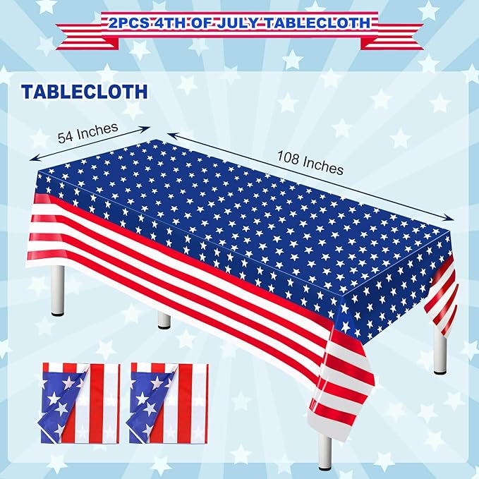 4th of July Tablecloth, 2 Pcs Fourth of July Patriotic Tablecloth, 54 X 108 Inch Disposable Plastic Waterproof Table Cover for Veterans Day Election Day Independence Day Party Decorations