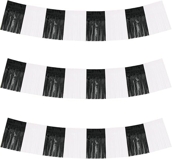 BEISHIDA 3 Packs Metallic Foil Fringe Garland Black White Wall Hanging Tinsel Fringe Banners for Car Floats Bridal Shower Wedding Birthday Graduation Holiday Party Decoration(30 Feet)
