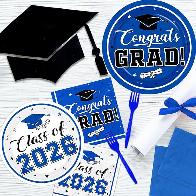 Graduation Party Plates and Napkins Blue Class of 2026 Grad Congrats Party Supplies Disposable Dessert Paper Plates Cocktail Napkins forGraduation Party Decorations,Serve 50