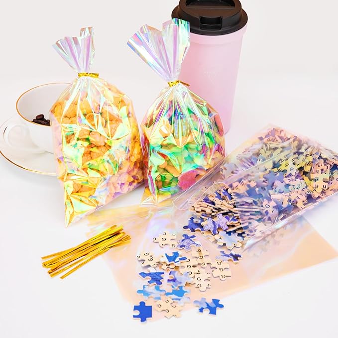 160Pcs Iridescent Cellophane Treat Bags with Ties, 6x9 Inch Holographic Plastic Goodie Baggies for Party Favors, Candy, Cookies Packing, Gift Wrapping