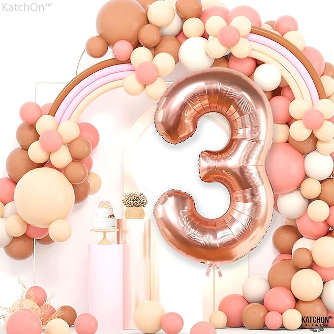 KatchOn, Large Rose Gold Number 3 Balloon - 40 Inch | Mylar Foil Balloon For 3rd Happy Birthday Decorations |Rose Gold Number 3 Balloon For 3rd Anniversary Decorations | Birthday Party Decoration