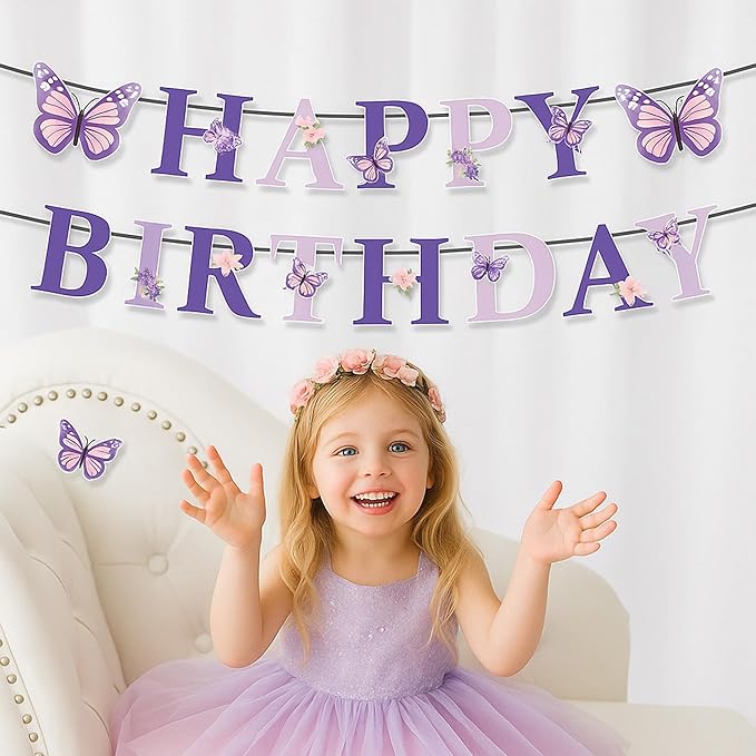Butterfly Happy Birthday Banner, Pre-Strung Birthday Signs Banners, Birthday&Colorful Party Decorations for Girls, Boys, Women, Adults, Pets, Photo Backdrop & Wall Decor for All Celebrations