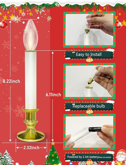 10 Pack Christmas Window Candles with 3V Ultra-Bright LED Warm White Bulbs, LED Battery Operated Window Candles, Gold Base, Flameless Candlestick for Indoor Christmas Window Table Mantel, Steady On