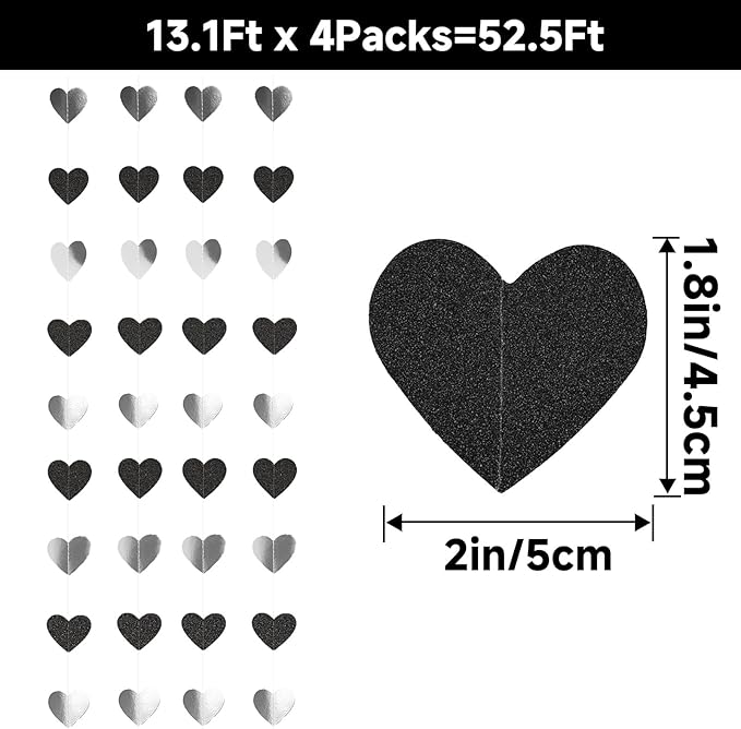 GCQQ Black White Silver Party Decorations - 52FT Black Glitter Heart Garland 4 Pack Paper Birthday Hanging Streamer Garlands for Valentine's Day Wedding Engagement Anniversary Bachelorette Party Decor