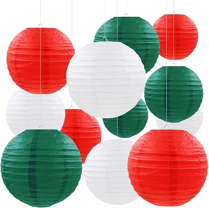 12 Pcs Christmas Paper Lanterns Red Green White Hanging Paper Lanterns for Christmas Graduation Anniversary Wedding Birthday Party Decoration Supplies