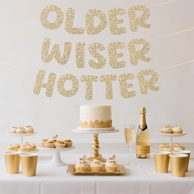 Pre-Strung Happy Birthday Banner Birthday Sign NO DIY Glitter Older Wiser Hotter Banner for Women Men 30th 40th 50th 60th 70th 80th Funny Gold Birthday Decorations (Champagne Gold)