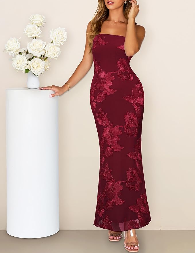 MEROKEETY Women's Floral Strapless Maxi Dress 2026 Summer Mesh Tube Bodycon Formal Wedding Guest Cocktail Party Long Dresses