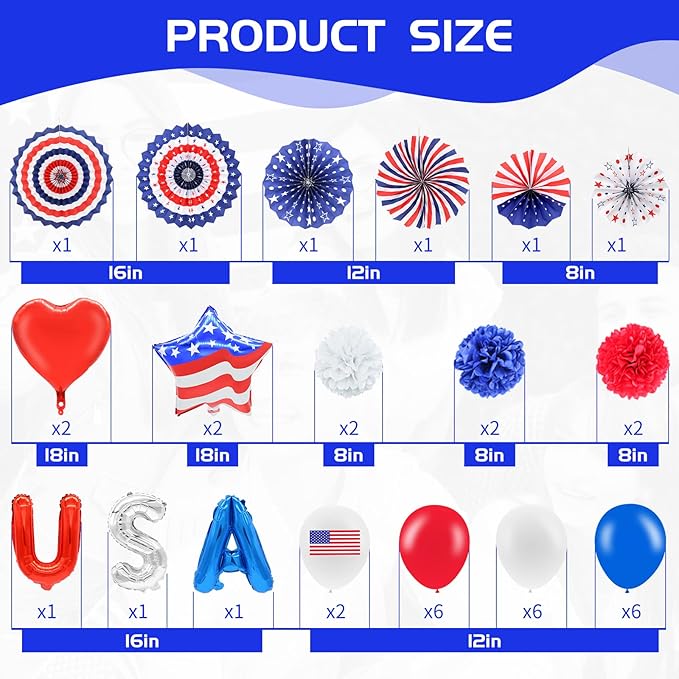 52 Pieces 4th of July Decorations Set - Red White Blue American Flag Hanging Honeycomb Paper Fans, Pom Poms, Swirls, Latex Balloons, Foil Letter / Heart / Stars Balloons, Star Streamer Party Supplies