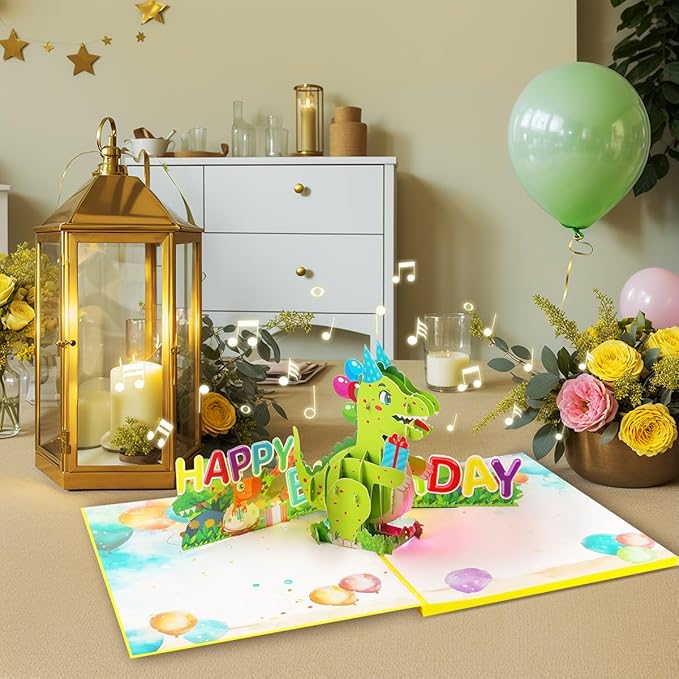 Musical Dinosaur Birthday Card, Light & Music Birthday Cards, Music Pop Up Birthday Card, Happy Anniversary Card, for All Occasion with Envelope.