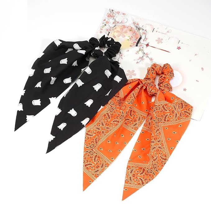 Halloween Hair Ties for Woman Girls Fall Orange Bandana Hair Scrunchies Spooky Ghost Elastic Ribbon Bow Hair Tie Autumn Halloween Party Supplies Hair Accessories 2PCS