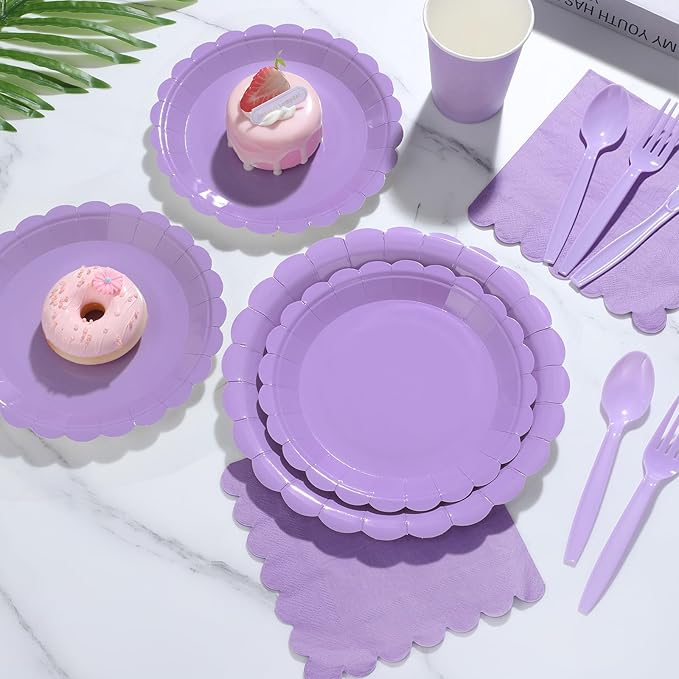 175 Pcs Lavender Paper Plates and Napkins, Light Purple Party Supplies Include Scalloped Easter Plates Napkin Cup Plastic Cutlery for Spring Garden Party, Baby Shower, Wedding