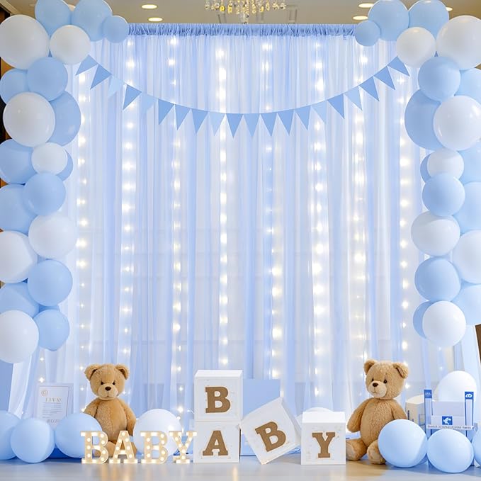 10ft x 10ft Baby Blue Chiffon Backdrop Curtain with Lights String for Parties,2 Panels Sheer Tulle Curtain Wedding Photo Backdrop with Lights for Baby Shower Birthday Party Ceremony Home Decorations