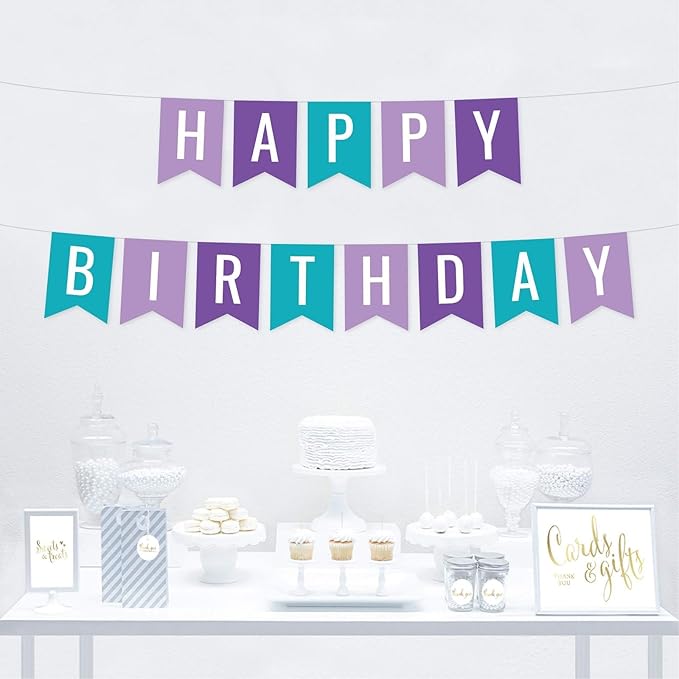 Andaz Press Hanging Pennant Banner Party Decorations, Lavender, Purple, Aqua, Happy Birthday, 1-Pack, Approx. 5-Feet, Mermaid Theme