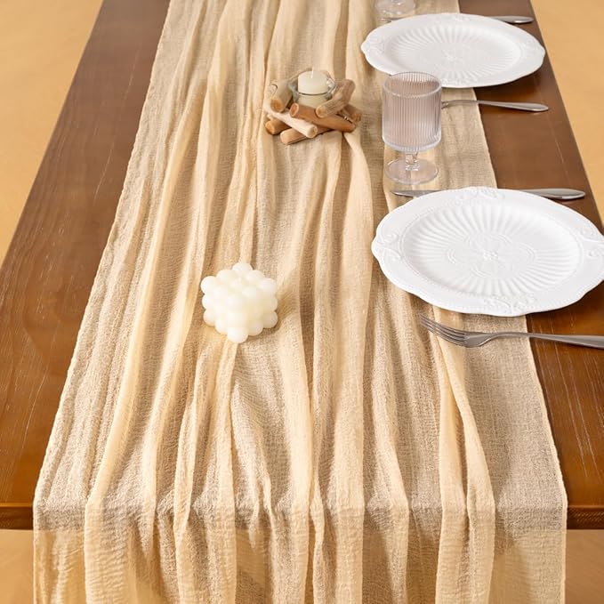Socomi 3pcs Beige Cheesecloth Table Runner Valentine's Day Gauze 120 Inch Rustic Boho Cheese Cloth Runner for Wedding Party Baby Bridal Shower Centerpiece Decoration Holiday Home Decorations