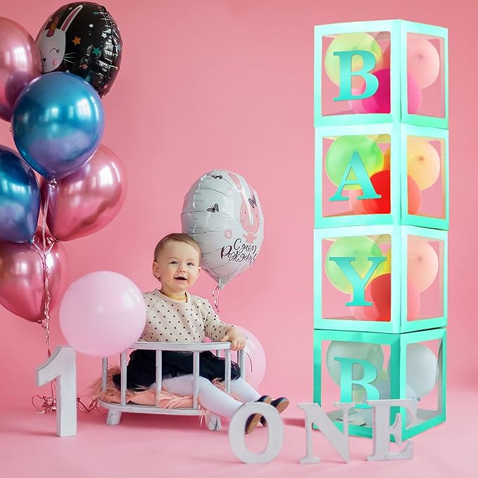 Party Decorations - 4pcs Blue Baby Balloon Boxes Blocks with Blue BABY Letters for Gender Reveal Party,Birthday Party Decorations