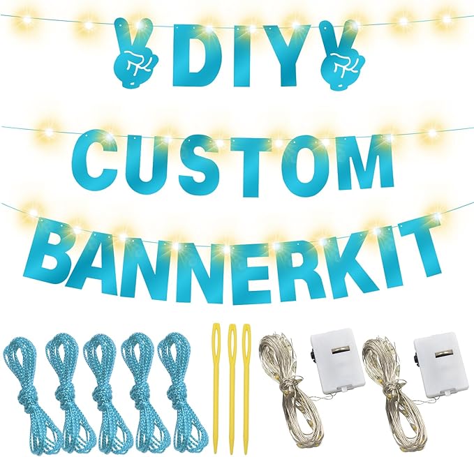 175Pcs Glitter Customizable Banner Kit DIY Custom Letter Banners DIY Boy Happy Birthday Letters 0-9 Numbers Anniversary Personalized Banner Wedding Birthday Party Decoration Supplies(Shiny Light Blue)