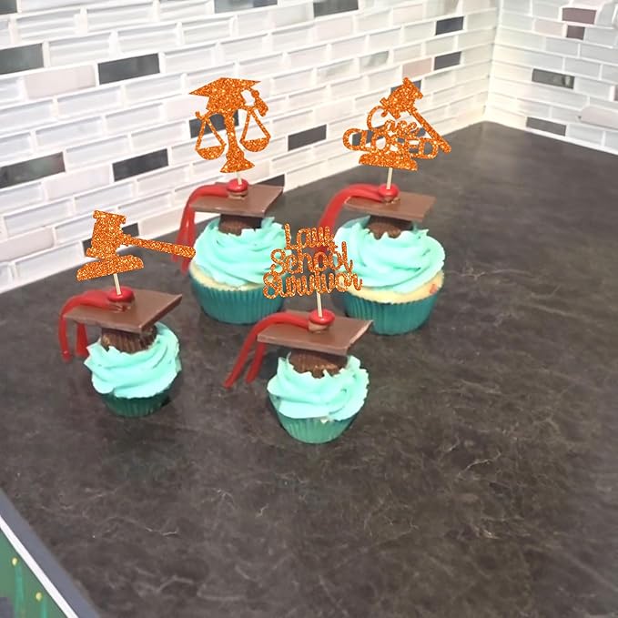 Gyufise 24Pcs Lawyer 2026 Graduation Cupcake Toppers Orange Glitter Class of 2026 Grad Cap Law School Survivor Cupcake Picks for 2026 Lawyer Graduation Party Cake Decorations Supplies