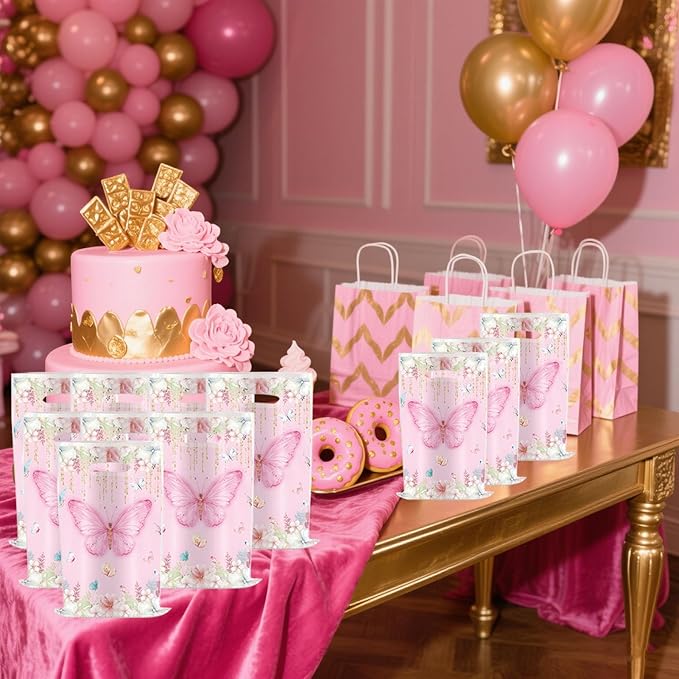 YYaaloa 30pcs Pink Goodie Bags Party Favor Plastic Candy Gift Bags Bulk for Birthday Baby shower Return Gift (Butterfly B 30pcs)