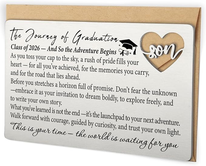 Class of 2026 Graduation Wallet Card for Son from Mom, Laser-Engraved Stainless Steel Insert with Heart Cutout, Inspirational Postcard Keepsake, Graduation Gift for Him College High School QBK12
