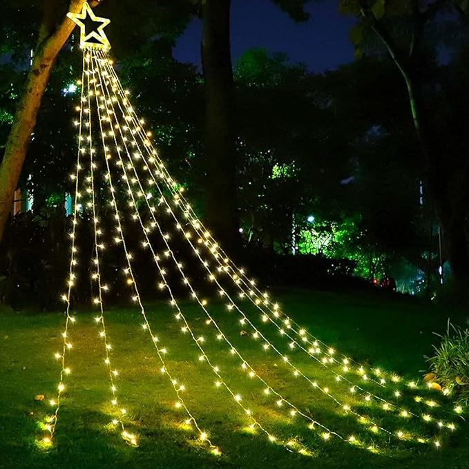 PUHONG Christmas Decoration, Outdoor Star String Lights, Christmas Tree Toppers Lights 320 LED 8 Modes with 12" Lighted Star for Halloween Christmas New Year Holiday Birthday Decor (Warm White)