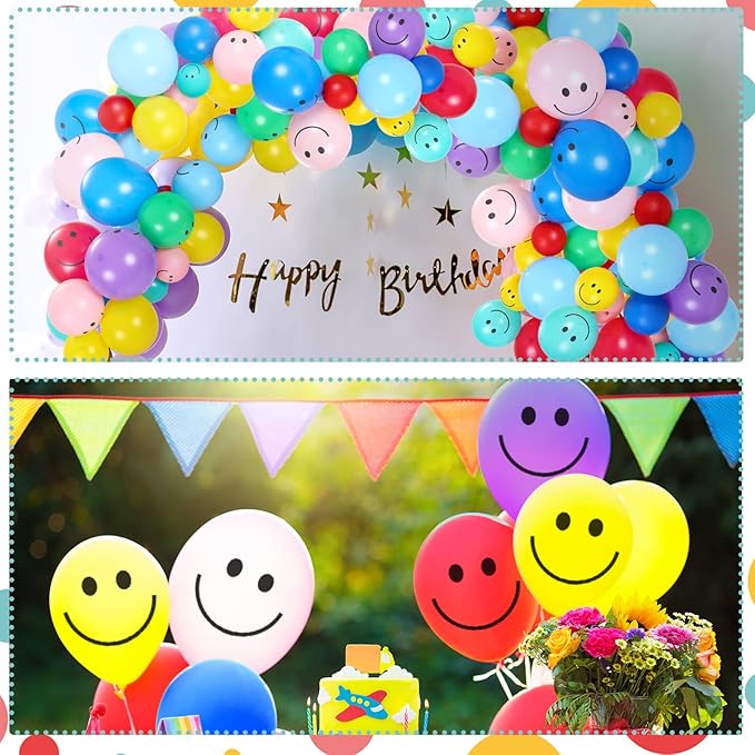 Sratte 100 Pcs Happy Smile Balloons for Birthday Party 12'' Latex Smile Face Colorful Naughty Balloons Party for Baby Shower Wedding Decoration Festive Supplies (Assorted Color)