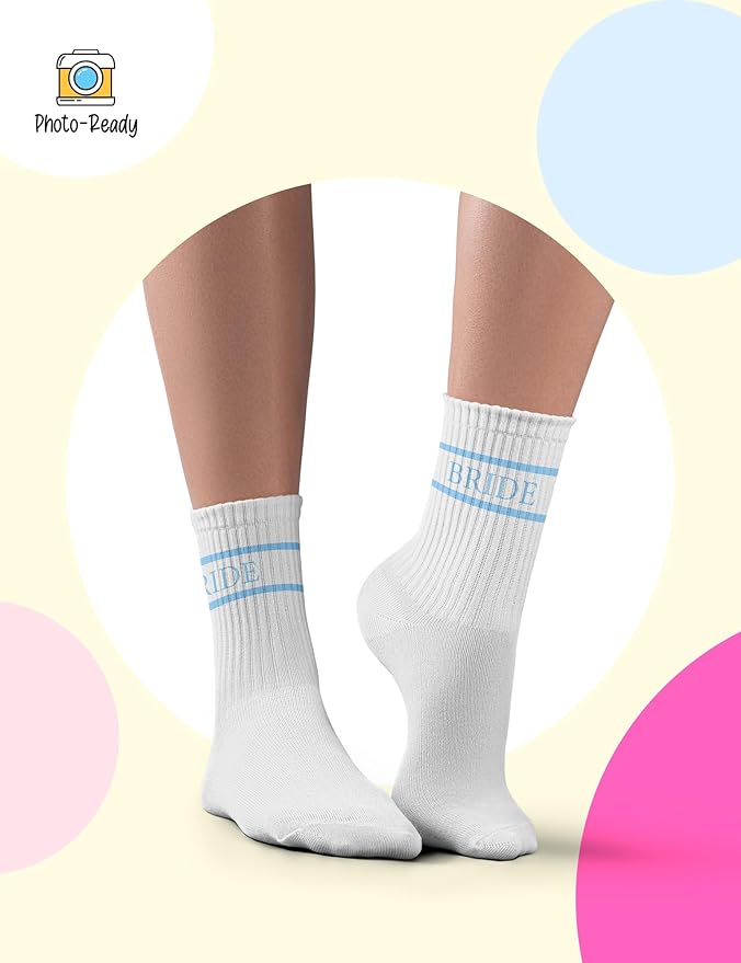 Bride Socks for Wedding Day "Something Blue" | Cute Novelty Crew Socks for Bride to Be | Bachelorette Party Gifts, Bridal Shower, Engagement Gift | White Cotton Casual Socks with Blue "BRIDE" Writing