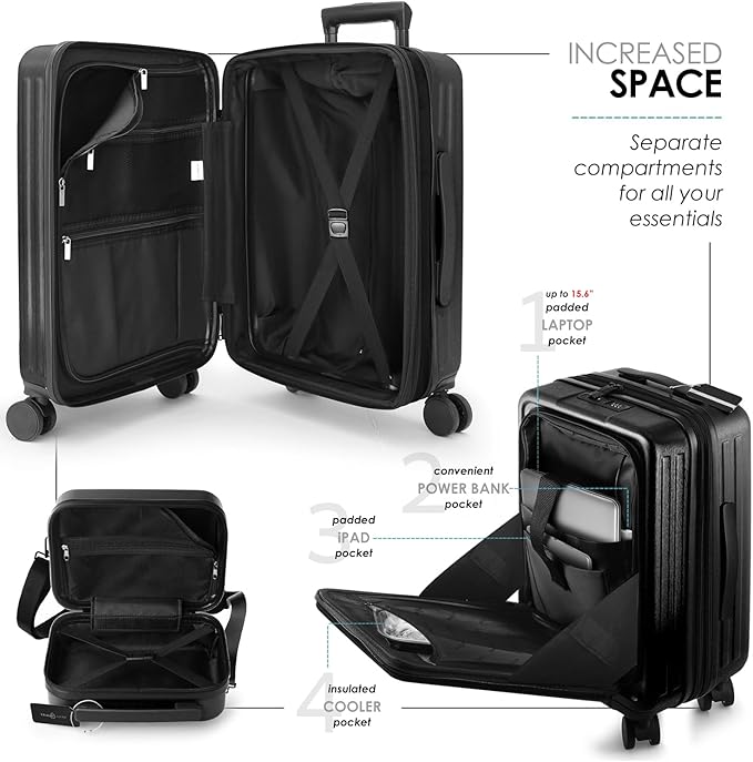 TRAVELARIM 20 Inch Carry On Luggage 22x14x9 Airline Approved, Carry On Suitcase with Wheels, Hard-shell Carry-on Luggage, Durable Luggage Carry-On, Black Small Suitcase with Cosmetic Case