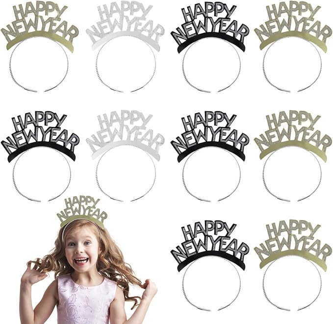 minkissy 12pcs Happy New Year Headband Tiara, Aluminum Foil Party Headbands New Years Eve Party Supplies for Christmas Holiday